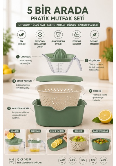 5 Parça Mutfak Seti Karıştırma Kabı Salata Kasesi Kesme Tahtası Limon Sıkacağı Ölçü Kabı Süzgeç Yeşil - 899892244 Yeşil