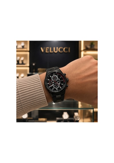 Velucci Kara Silikon Kordon Erkek Kol Saati Siyah Kadran Kırmızı Detay Sport Analog
