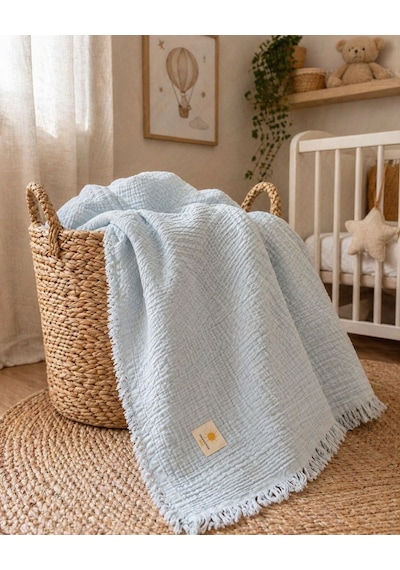 4 Katlı %100 Pamuk Müslin Saçaklı Bebek Battaniye 100x120 Cm 250 Gram Açık Mavi