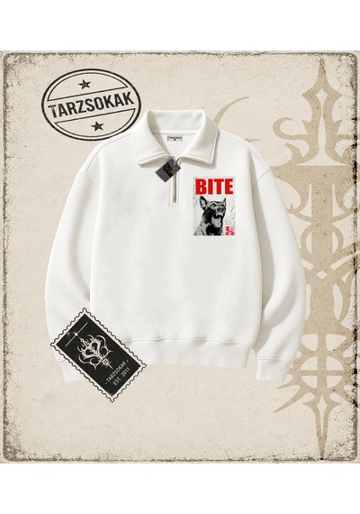 Tarzsokak Gotik & Grunge Streetwear Bıte Fear Yarım Fermuarlı Sweatshirt Beyaz