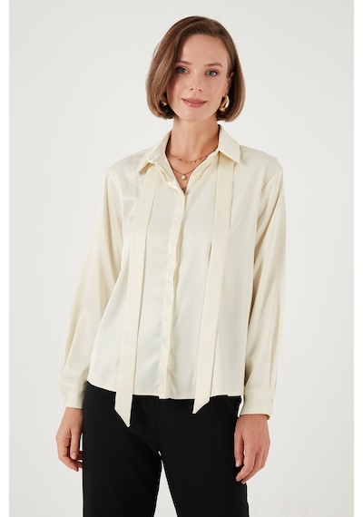 Lela Regular Fit Bağlama Detaylı Saten Bayan Gömlek 611Go00159 Ekru