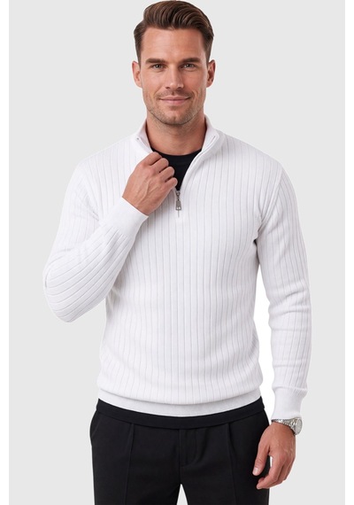Deepsea Erkek Slim Fit Tüylenmeyen Beyaz Çizgi Dokulu Triko Kazak Fermuarlı Dik Yaka Esnek 2708504 Deepsea Erkek Slim Fit Tüylenmeyen Beyaz Çizgi Dokulu Triko Kazak Fermuarlı Dik Yaka Esnek 2708504