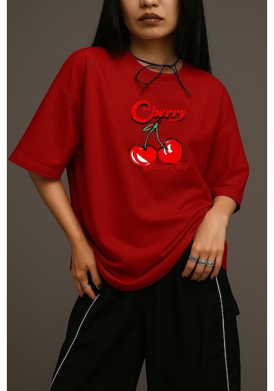 Cherry Sweat Gil Oversize Tişört Kirmizi
