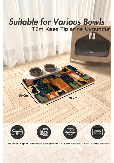 Matgo Pati Kedi Köpek Beslenme Matı 50x70cm Kedi Kolajı Su Geçirmez Kaymaz Mama Kabı Altlığı Paspası