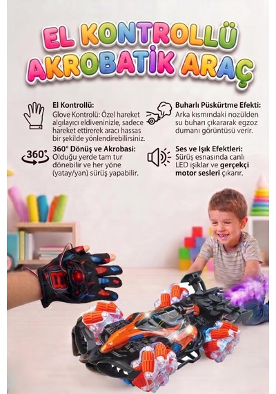 El Kontrollü Işıklı Sesli Şarjlı 13 Fonksiyonlu 360 Dönen Duman Atan 2.4ghz Akrobatik Oyuncak Araba Turuncu