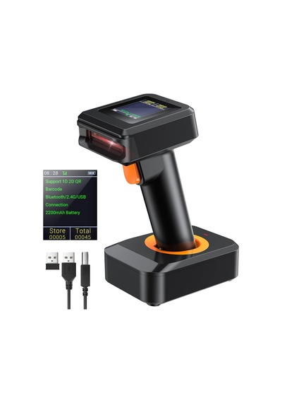 Hw0006 2d Wireless Barcode Scanner With Display Screen Bluetooth, 2.4g & Usb 3-in-1 Kablosuz El Tipi Barkod Okuyuc