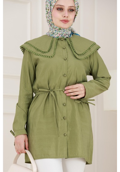 Sevitli Çift Yaka Dantelli Tunik-yeşil-4985 Yeşil