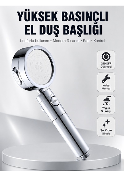 Kolay Montajlı 3 Modlu Yüksek Basınç Duş Başlığı Düz Renkli