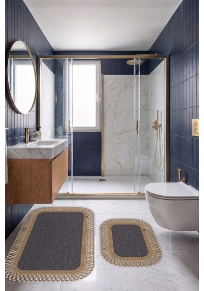 Banyo Paspası Takımı 70x110+50x70 Cm Dış Trikot Antrasit Gri & Hasır