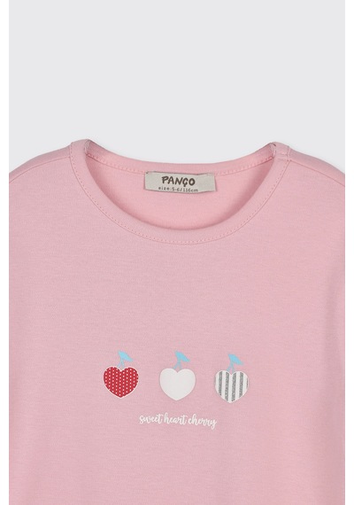 Panço Kız Çocuk Kiraz Baskılı Pembe Pijama Takımı