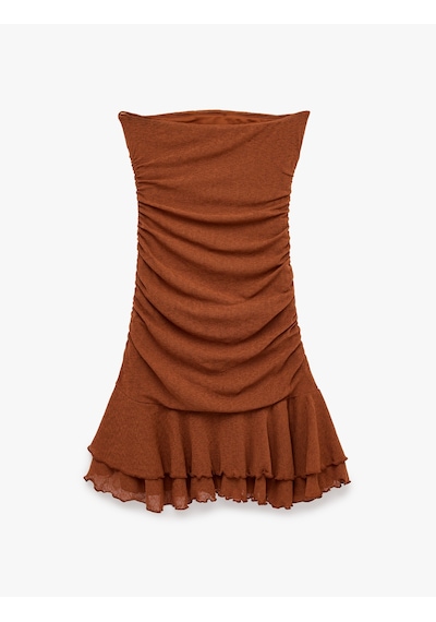 Koton Slim Fit Drapeli Kat Kat Fırfırlı Straplez Mini Elbise Kahverengi 6sak80267ek Kahve