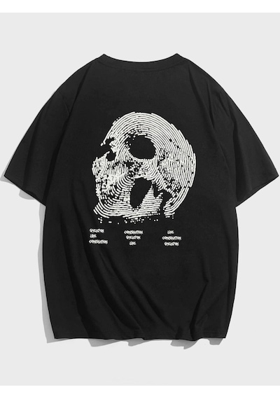 Flood Of Style Erkek Siyah Skull Baskılı Oversize Bisiklet Yaka Tshirt