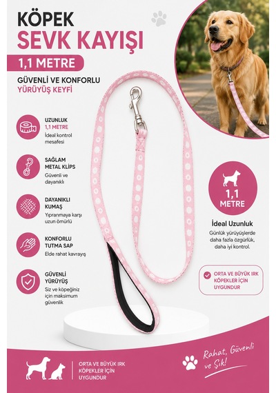 Köpek Sevk Kayışı 1,1 Metre Pedli Tutma Saplı Metal Klipsli Desenli - Pembe