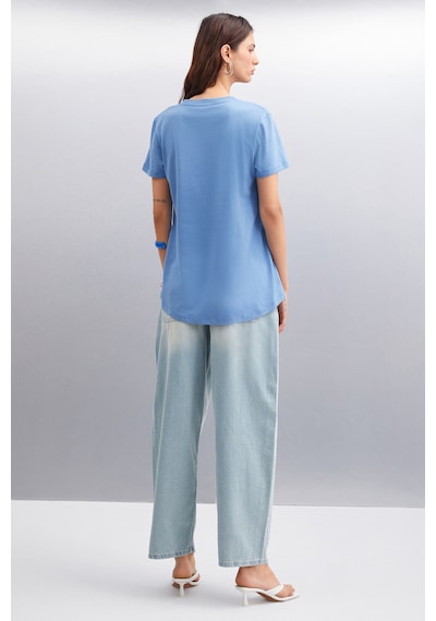 Grimelange Samantha Kadın %100 Organik Pamuklu Comfort Fit Arkası Uzun Basic Örme Indigo T-shirt Indigo