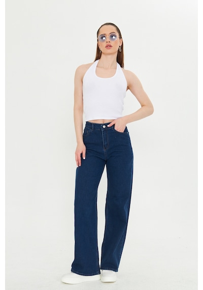 Kutaf Koyu Lacivert Yüksek Bel Geniş Paça Bol,salaş Palazzo Jeans Lacivert
