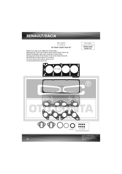 Otoconta 40116003 Üst Takım Contası R19-clıo 1.4 Enj. Keçeli Subap Lastikli Silindir Kapak Contası Std 7701466343