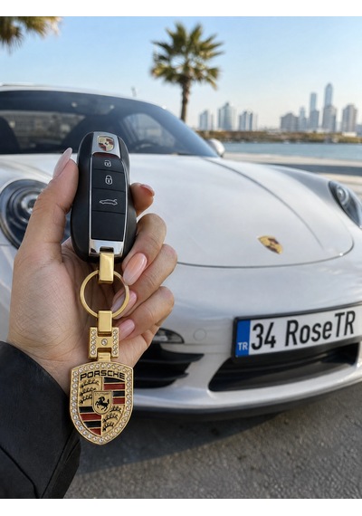 Lüks Metal Taşlı Gold Anahtarlık Porsche İle Uyumlu Gold Renk Taşlı Aksesuar Panamera Cayman 911 Cayenne