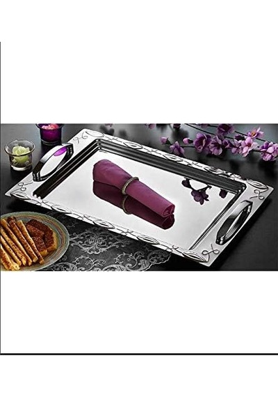 İnter Çelik Çay Tepsisi - Bade Saten Model Kulplu Paslanmaz Çelik Tepsi Çok Renkli