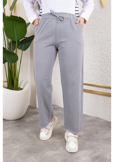 Nevayla Moda Beli Lastikli Keten Pantolon - Gri / A0104 Gri