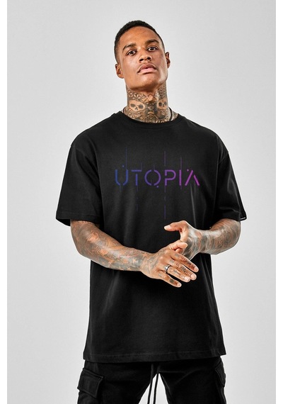 Oversize Utopia Baskılı Siyah Tshirt Nrage159 Siyah