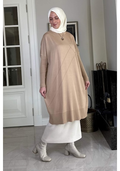 Rabia Şamlı Melda Triko Tunik Bej Çok Renkli