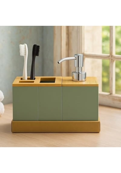 Bambu Kapaklı Yeşil Banyo Seti Sıvı Sabunluk, Diş Fırçalık, Çok Gözlü Organizer Ve Düzenleyici 000 Açık Krem