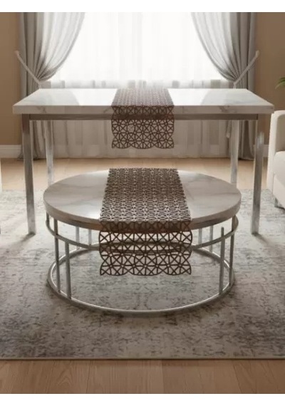 Angles Model Kahverengi 5 Parça Salon Takımı Dantel Masa Örtüsü Runner Seti