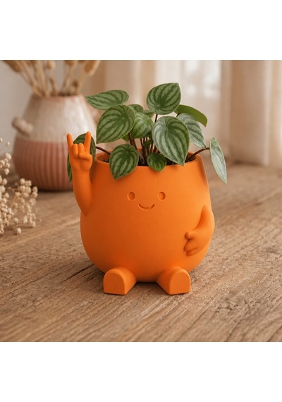 Alvera Smiley Face Planter 3d Baskı Gülümseyen Karakterli Saksı-turuncu