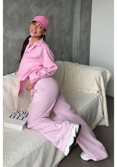 Madmext Pembe Beli Ayarlanabilir Çizgili Cepli Bol Paça Kadın Pantolon Mg2312 Pembe