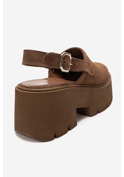 Luvi Shoes Caldrıs Taba Süet Hakiki Deri Önü Kapalı Kalın Tabanlı Kadın Sandalet