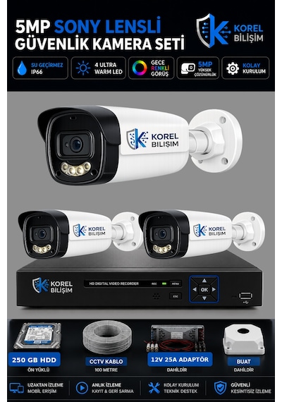 Korel Bilişim 3 Kameralı 9 Atom Ledli 5 Mp Sony Lensli Gece Renkli Güvenlik Kamerası Seti 500 Gb Hdd