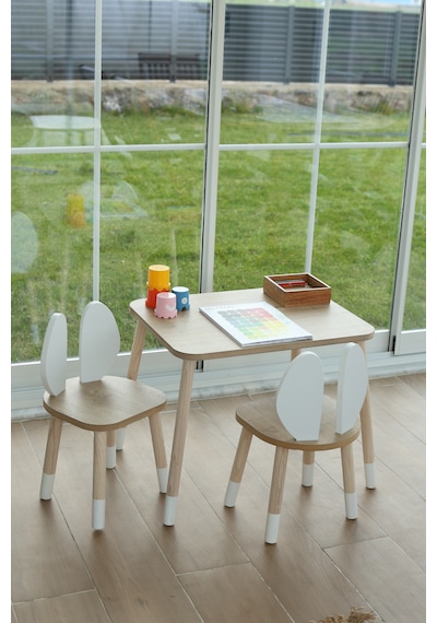 The Bunny 1 Masa + 2 Sandalye (Çocuklar için Yaz-Sil Montessori Aktivite ve Etkinlik Masa Sandalye Takımı)