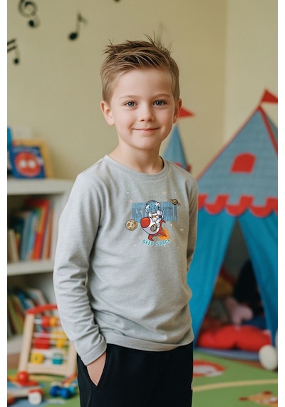 Fyk Kids Sıfır Yaka Astranot Baskılı Erkek Çocuk Sweatshirt Gri