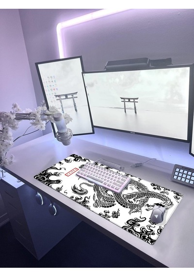Porge Gaming Mouse Pad 70x30, 90x40 Mouse Pad Xxl Büyük Dikişli Oyuncu Mouse Pad Speed Mousepad White Dragon, 80x30
