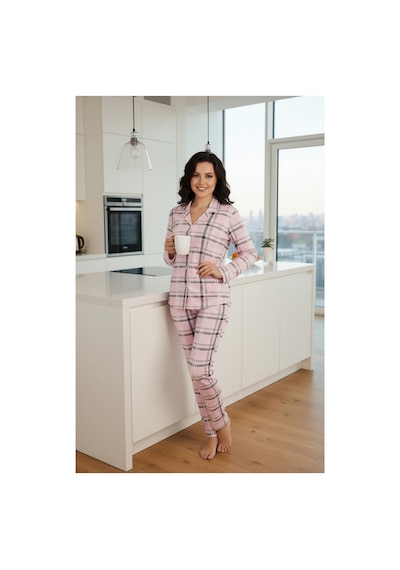 Bravie Luxury Viscose Pembe Ekose Desenli Büyük Beden Kadın Pijama Takımı 42531