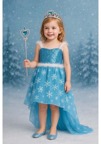Parti Selesi Karlar Ülkesi Frozen Elsa Kostüm Mavi Ön Kısa Arka Uzun Elbise Kız Çocuk Kıyafet Açık Mavi