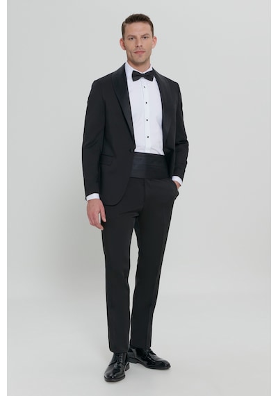AC&Co / Altınyıldız Classics Slim Fit Dar Kesim Şal Yaka Armürlü Siyah Smokin Takım 001