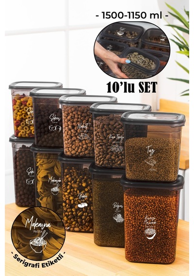 Vienev Beyaz Serigrafi Etiketli 10lu Peggy Dikdörtgen Saklama Kabı Seti 5x 1500-1150 Ml Antrasit
