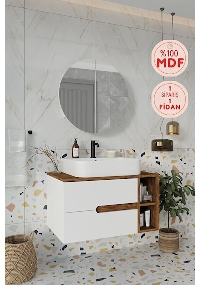 Koza Beyaz 80 Cm Banyo Dolabı+ayna+lavabo Beyaz
