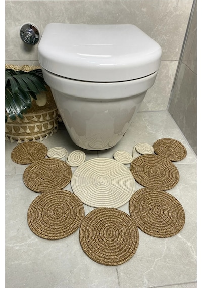 Buççin Online Mağaza Krem Jüt, Hasır, Paspas, Banyo Paspası, Klozet Önü Paspası, Klozet Paspas, Çift Taraflı Jüt Bej Çok Renkli