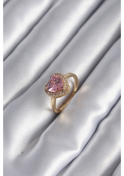 Pirinç Gold Renk Pembe Zirkon Taş Kalp Charm Model Kadın Yüzük - Çok Renli
