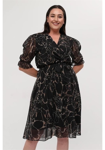 Neşeli Butik Kadın Astarlı Büyük Beden Şifon Elbise Ryx8063 Siyah