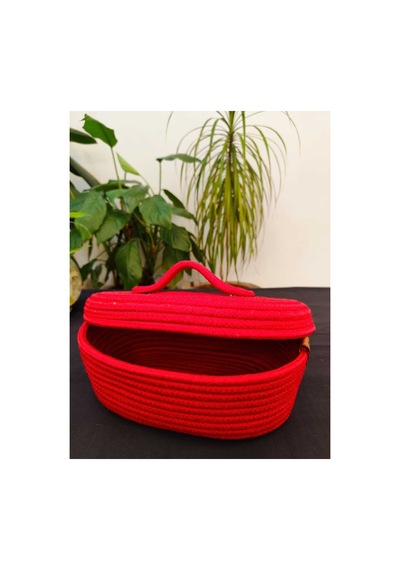 Hasır Jüt Sepet Oval Kapaklı Organizer Düzenleyici 30x20x10 Cm Koyu Kırmızı Koyu Kırmızı