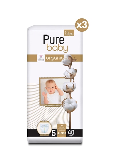 Pure Baby Organik Pamuklu Cırtlı Bez 3'lü Paket 5 Numara Junior 120 Adet 3'lü
