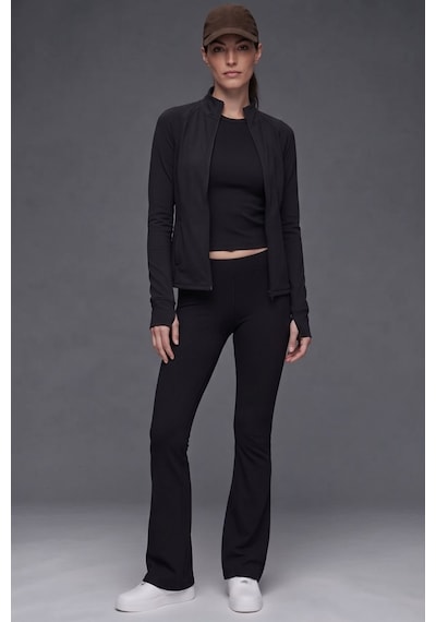 Soft&Basic Kadın Siyah 3 Lü Takım Yüksek Bel İspanyol Paça Fitilli Tayt, Dik Yaka Parmak Geçirmeli Fermuarlı Ceket & Uzun Kollu Crop Üst