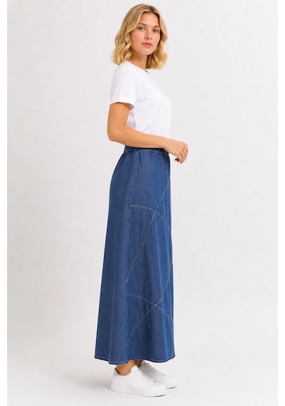 Bihan Store Beli Elastik Asimetrik Kesim Dökümlü Denim Etek 7557-mavi