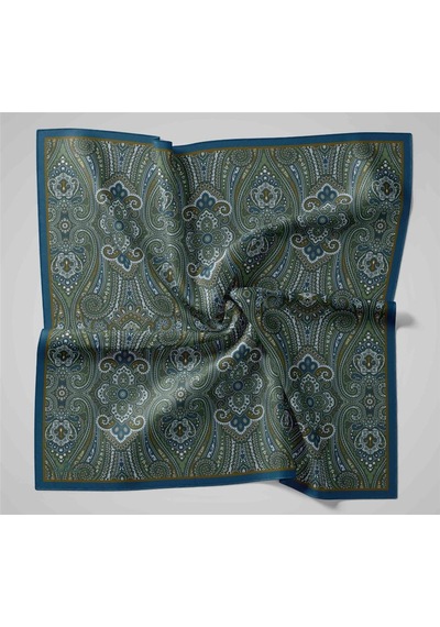 Silk Home Viskon Karışımlı Velora Eşarp Mavi-hardal Yeşil Desenli Tok Duruşlu 90x90 Çok Renkli