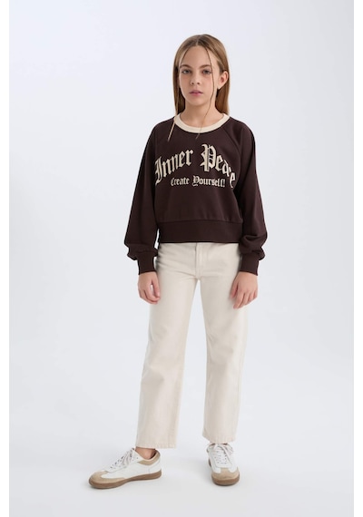 DeFacto Kız Çocuk Relax Fit Bisiklet Yaka Baskılı İçi Yumuşak Tüylü Sweatshirt D7042A824WNBN116