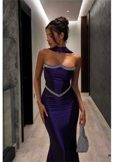 Lior Design Kadın Trend Model Kruvaze Yaka Şık Abiye Elbise Mor