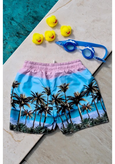 Mayom Erkek Çocuk Palmiye Baskılı Bel Bağcıklı Deniz Şortu-mavi Mavi